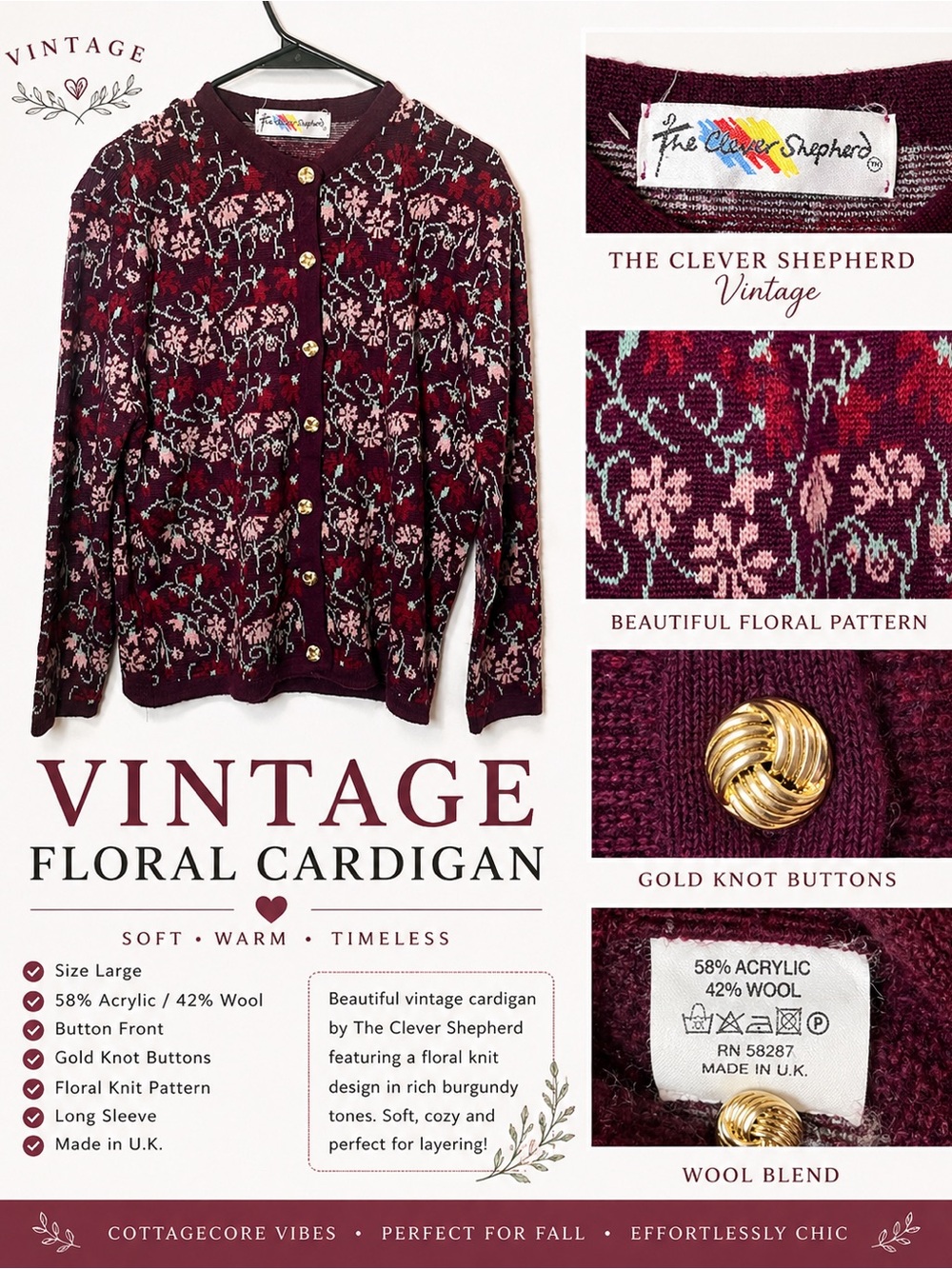 Vintage The Clever Shepherd Wool Blend Floral Cardigan Sweater L